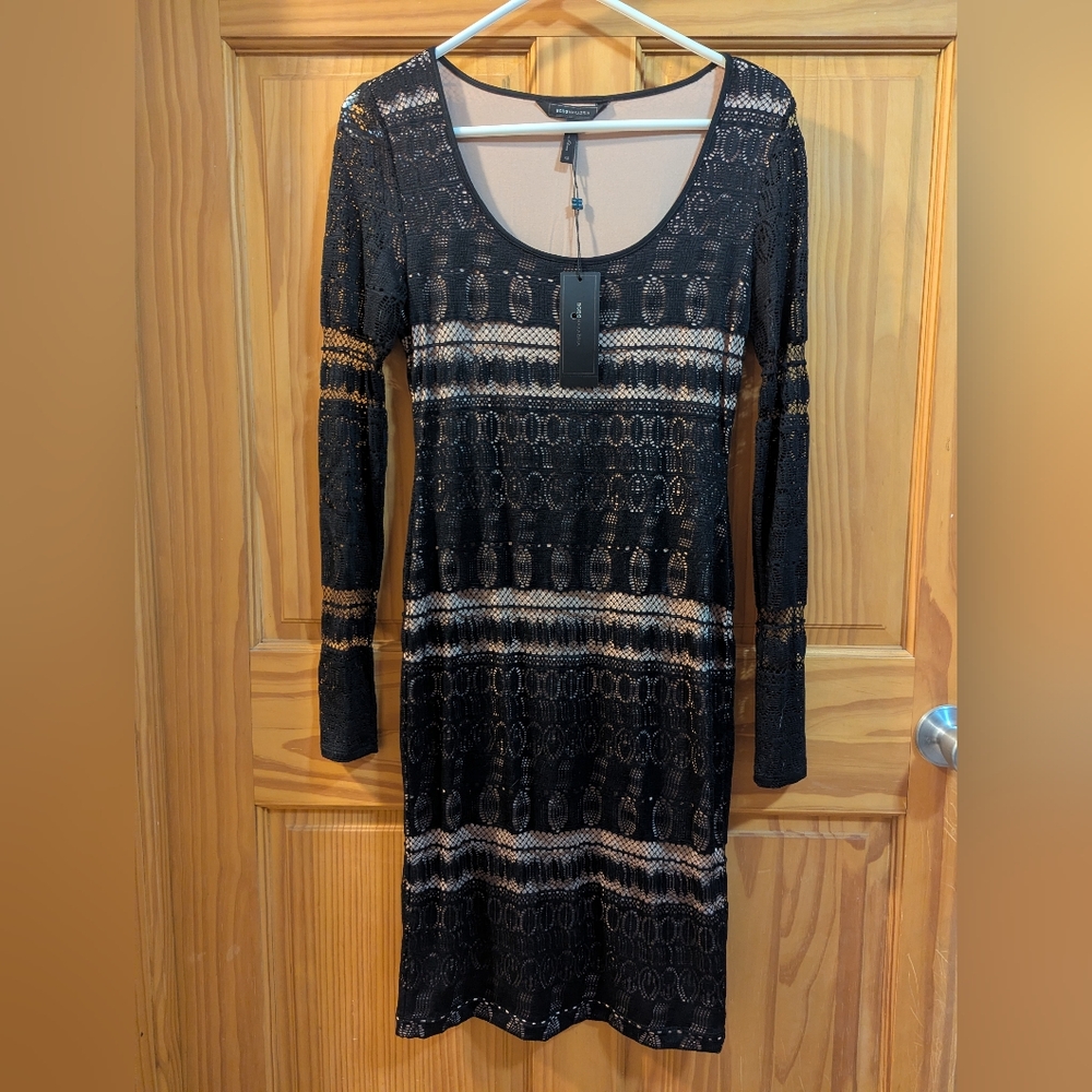 BCBGMaxAzria Elegant Black Lace Over Nude Dress